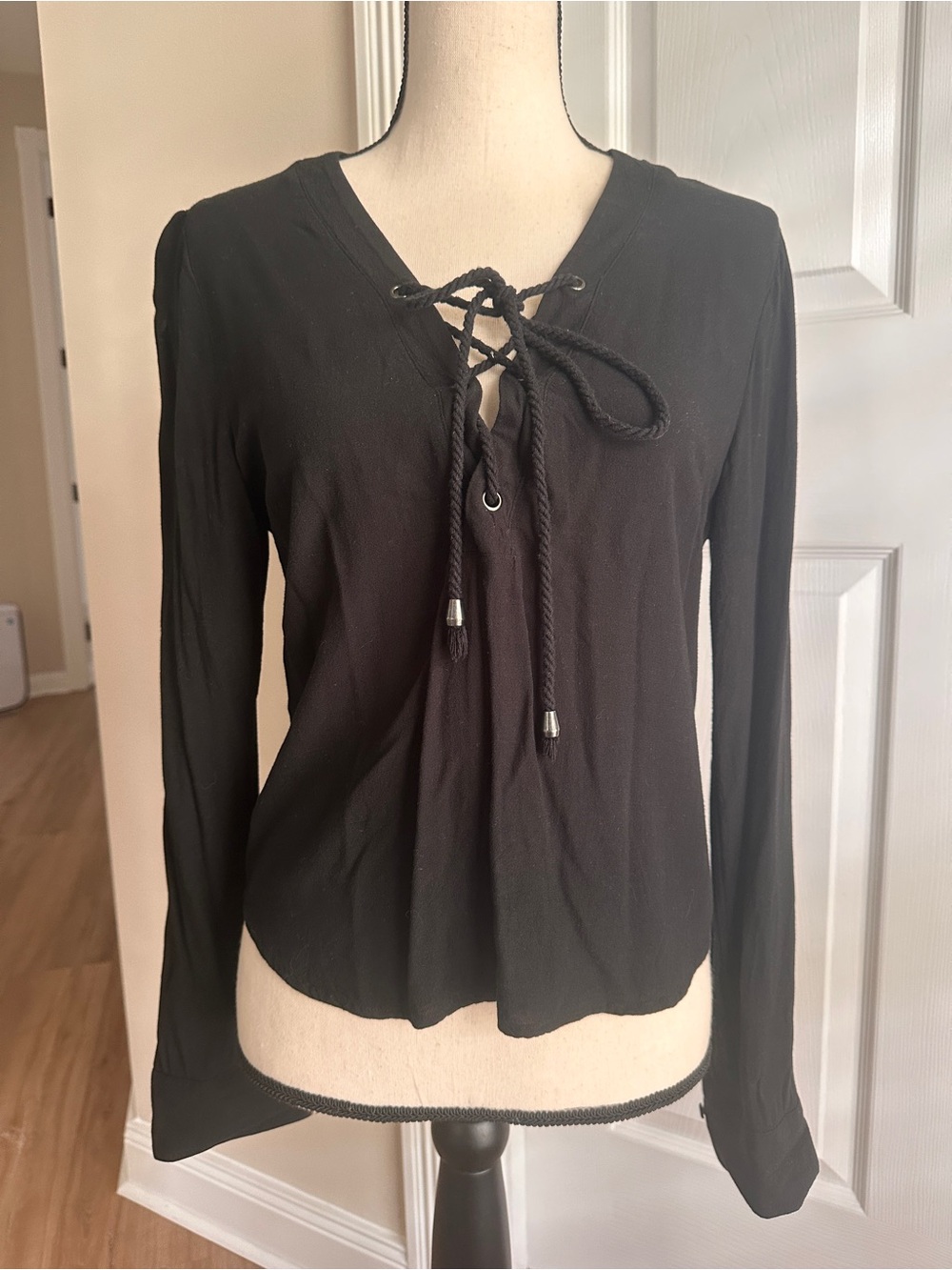 Rails Uli Black Lace-Up V-Neck Long Sleeve Top